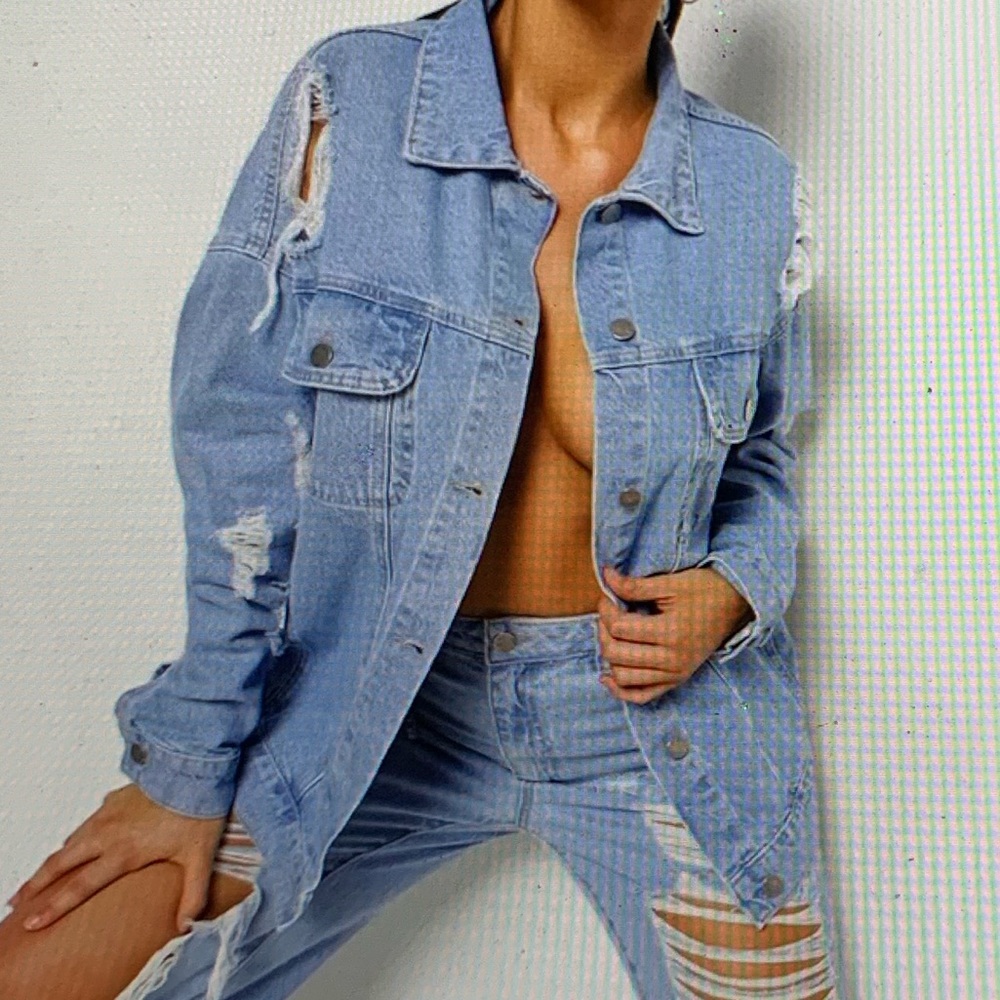 NEW Tall Oversized Busted Boyfriend Denim Jacket - Light Baby Blue